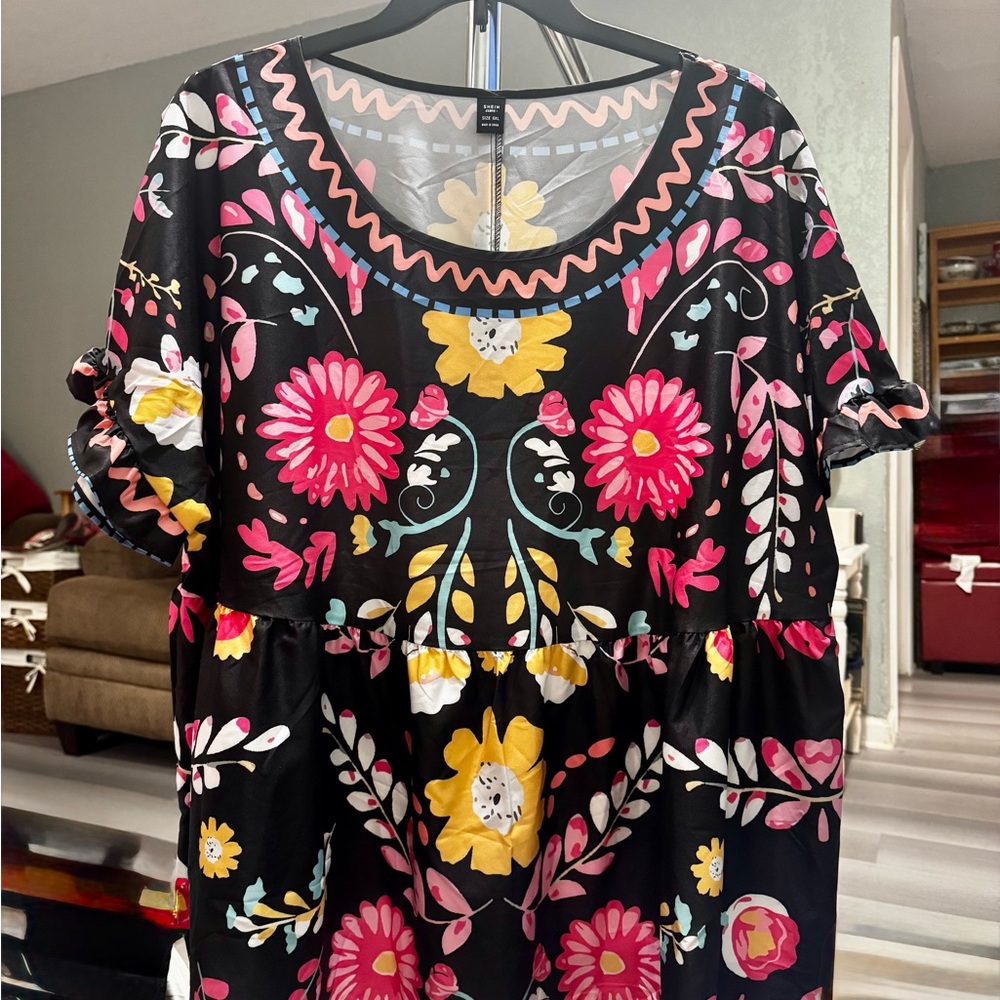 SHEIN Black Floral Blouse with Pink and Yellow Accents
